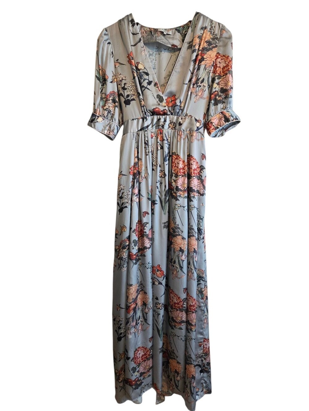 FRNCH Paris Floral V-Neck Short Sleeves Maxi Dress Sz M Summer Brunch Party